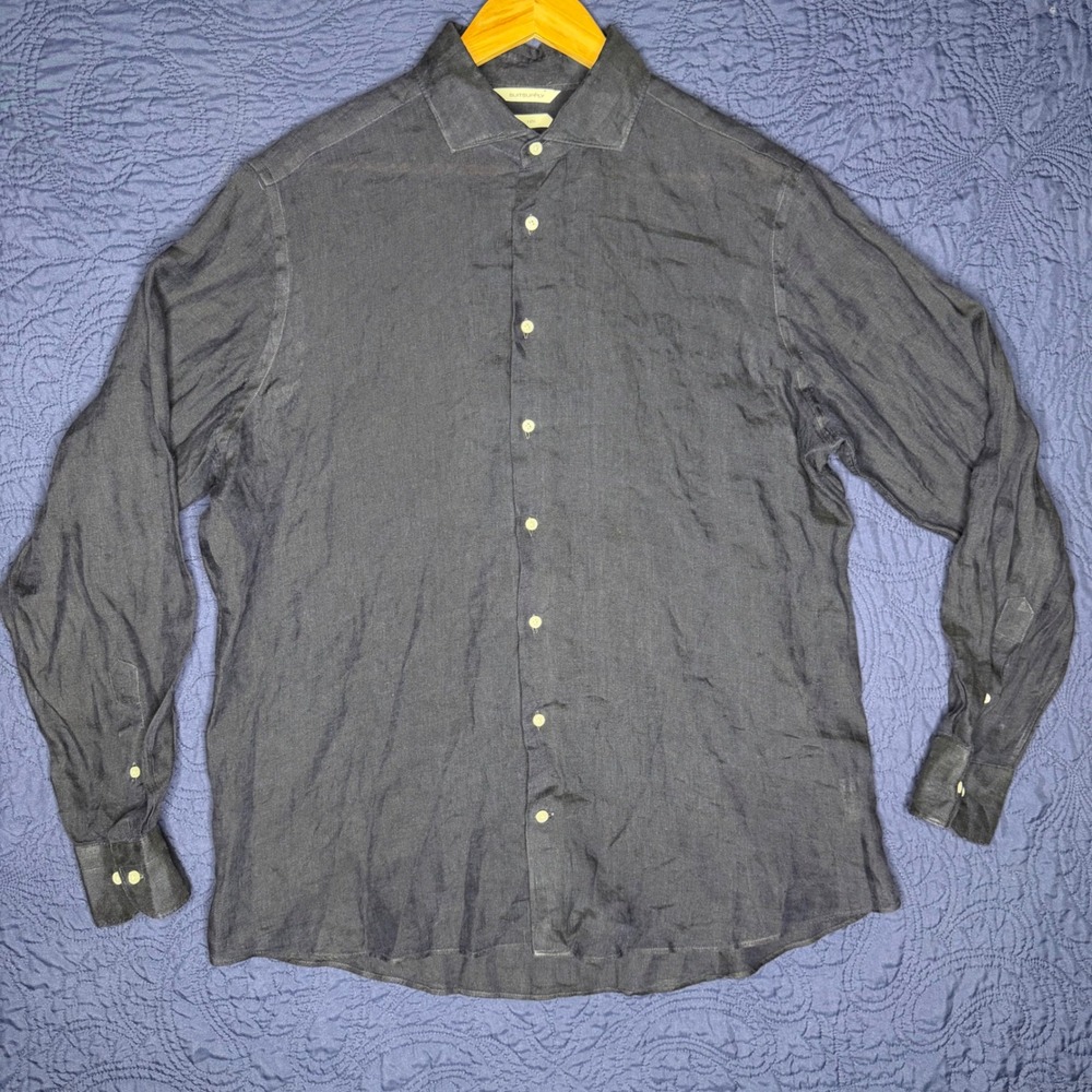 Suitsupply Pure Linen Slim Fit Shirt Navy Blue Long Sleeve Size 17/17.5 43/44